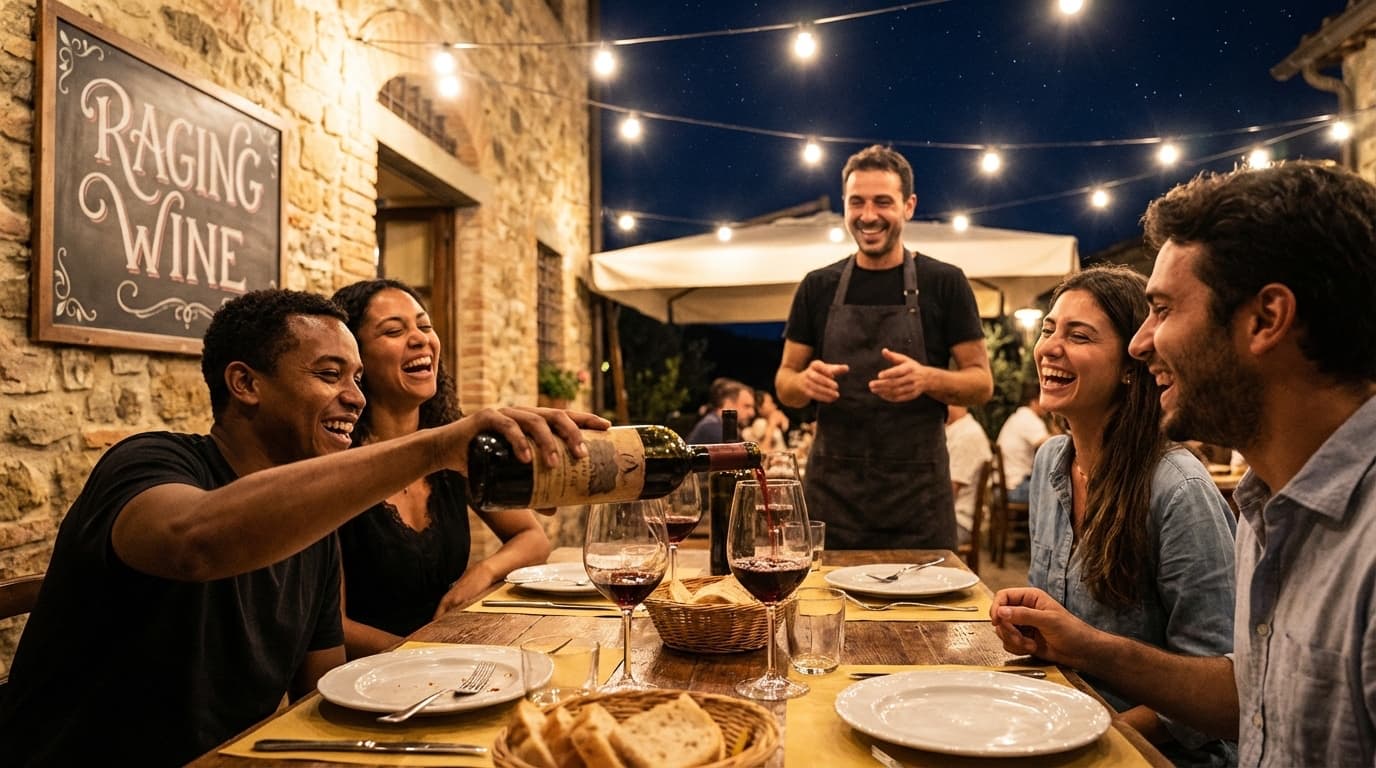 A raging wine night — outdoor table, second bottle already open