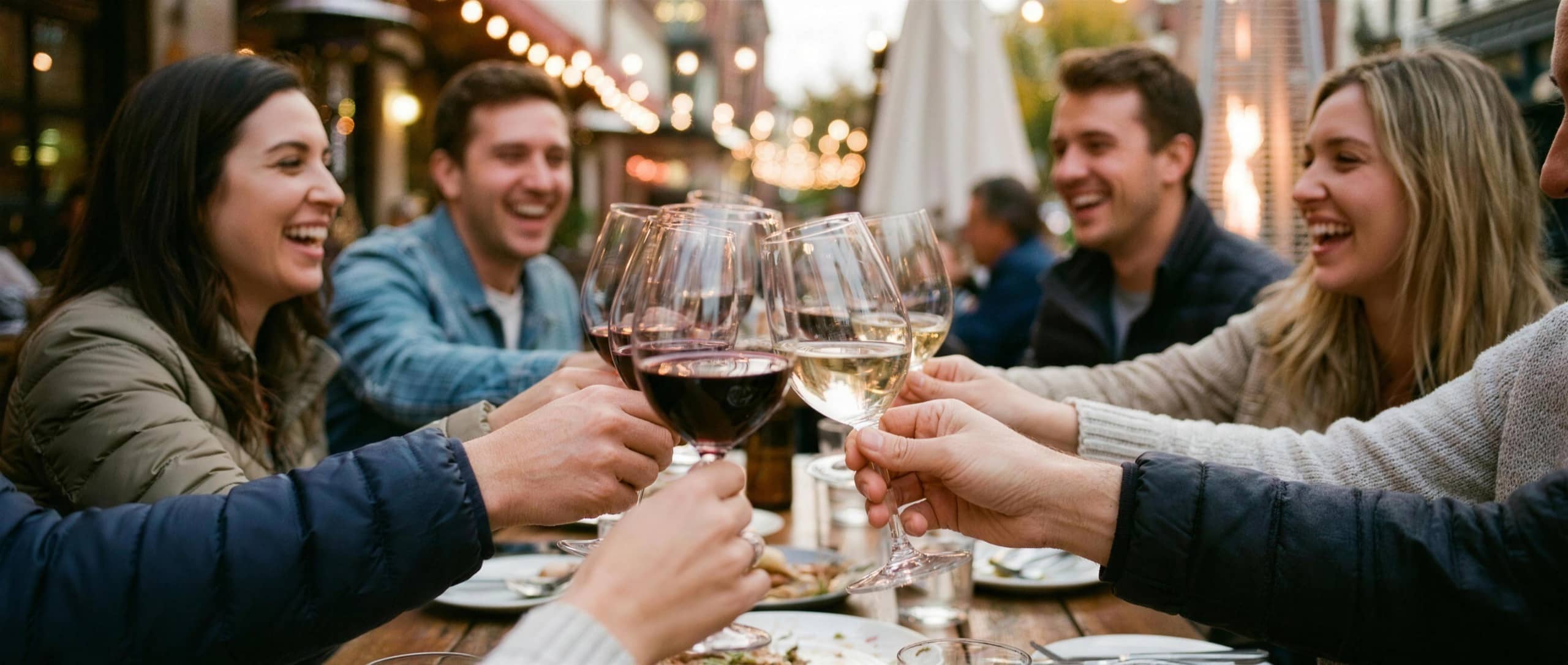 Friends toasting with red and white wine at a lively restaurant patio under string lights