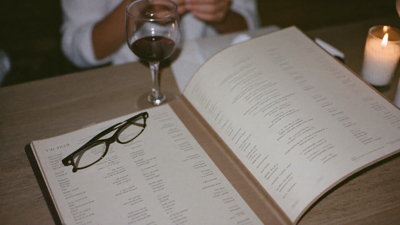 An open wine list on a restaurant table with a glass of red wine and reading glasses